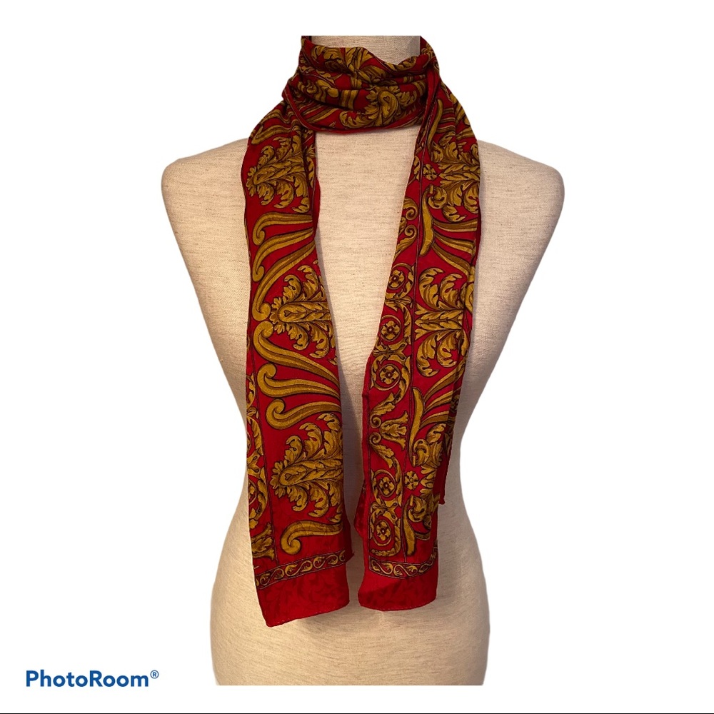 ECHO SCARF RED GOLD SCROLL PRINT SILK LONG RECTANGLE WRAP ACCESSORY
